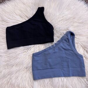 Gymshark Ribbed Cotton Seamless One Shoulder Bra 2pk, Light Support, Blue Black